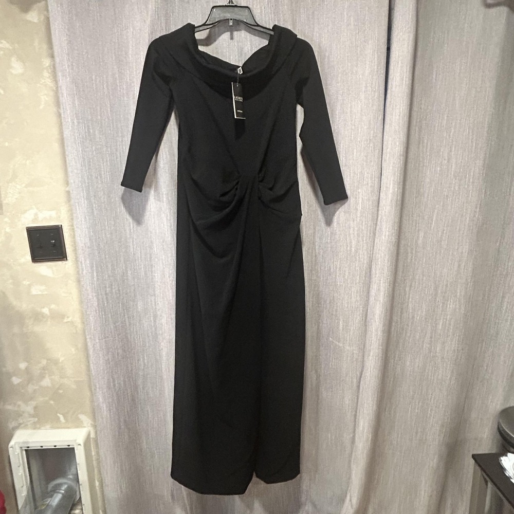 Lauren Ralph Lauren Dress Women's 12 Black Off Shoulder Ruched Maxi Gown 3/4 NWT